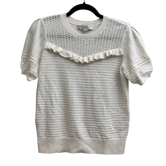 Loft Cream/White Ruffle Puff Sleeve Sweater Open Knit Tee Women's Size Medium - Picture 1 of 8